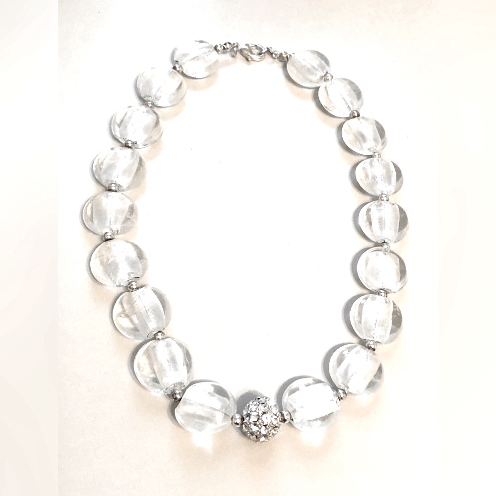 Glass Bead Necklace w/Rhinestone Roller Charm